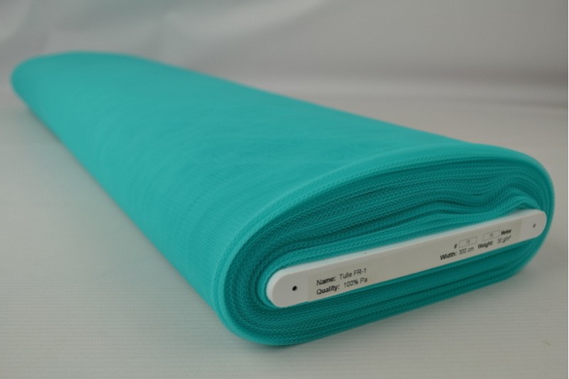 Brandvertragende tule 300 cm breed turquoise, rolweergave