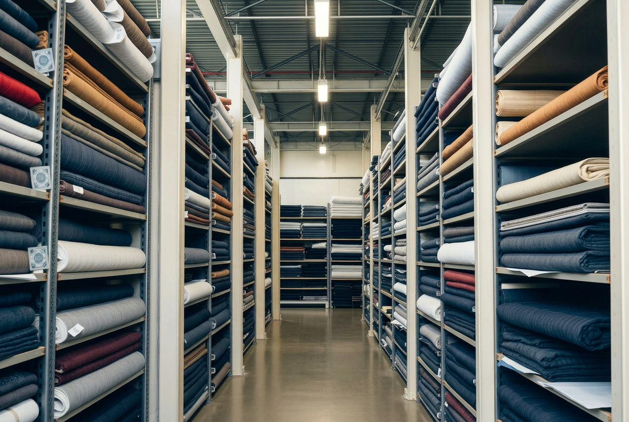 Stoffen groothandel magazijn met rollen stof op stellingen