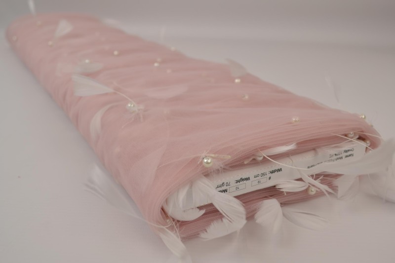 Mesh feather & pearls oud roze, rol